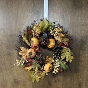 Fall Grapevine Wteath Pumpkins Gourds Pine Cones 18” Diameter